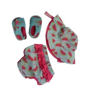 Infant hat, bloomers, sandals